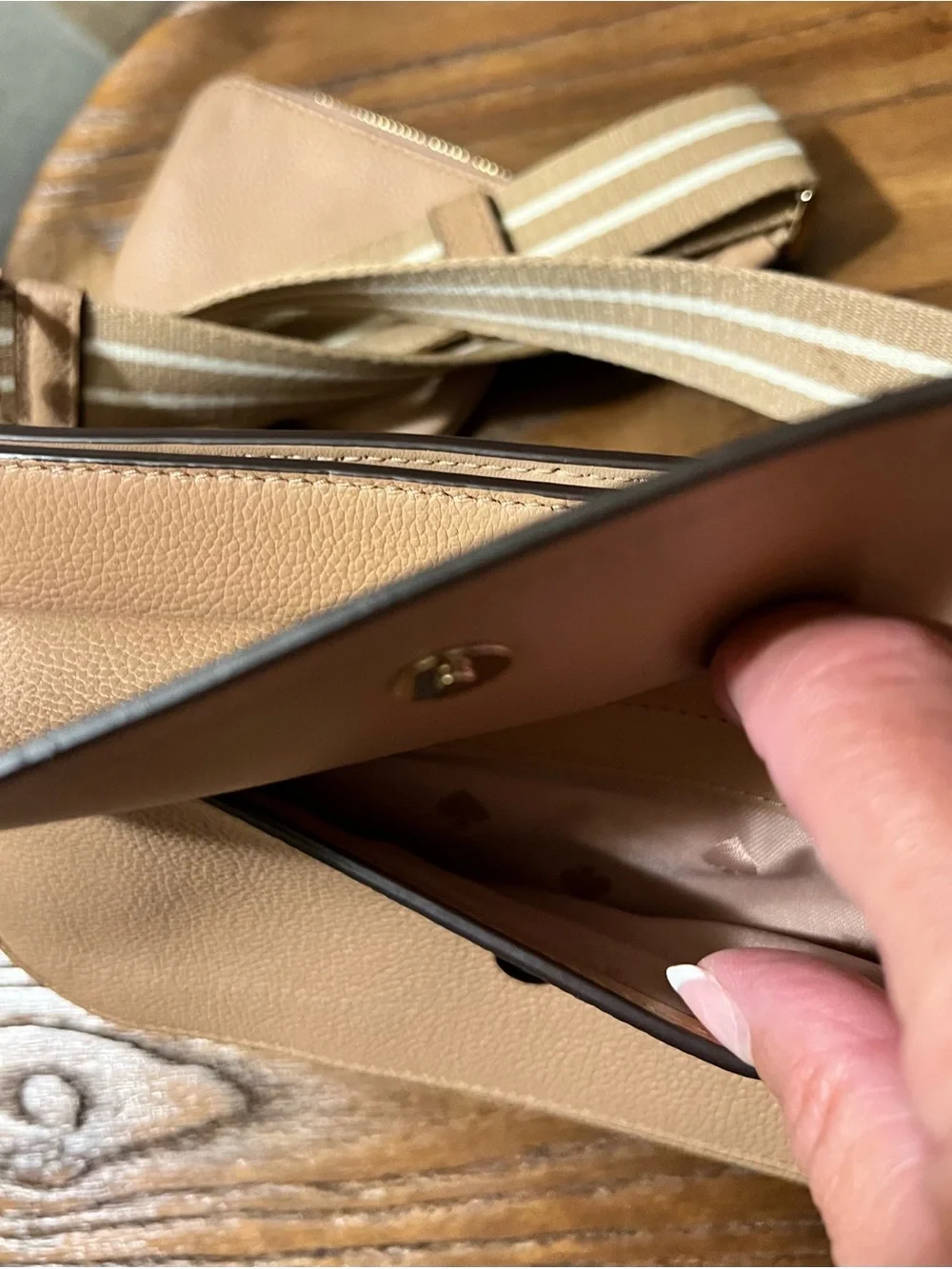 kate spade Pebbled Leather Crossbody Bag in Light Beige with Striped Strap